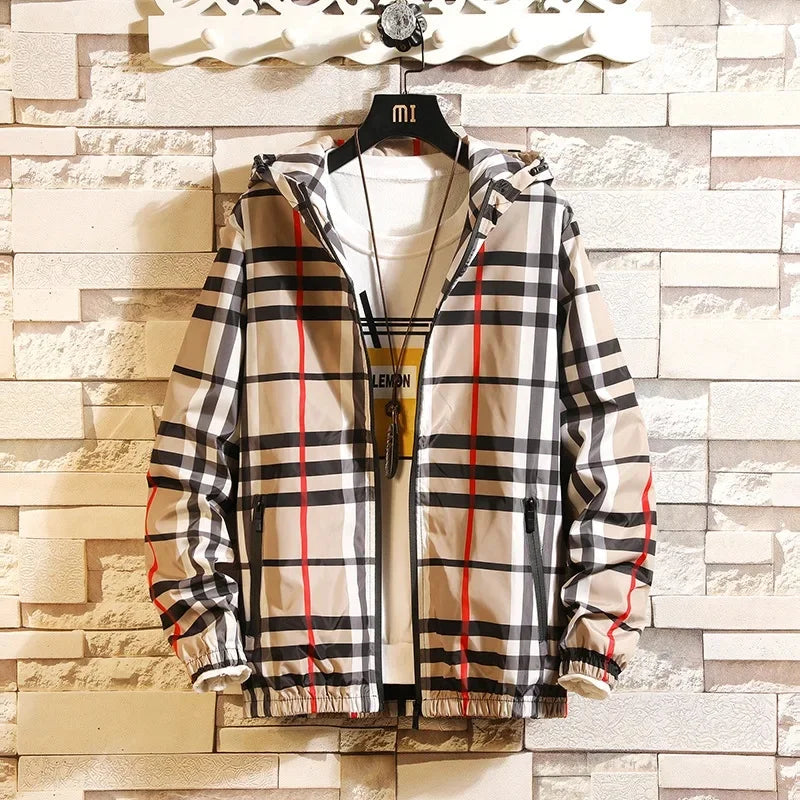 Trendy Korean Style Men's Plaid Jacket Spring Autumn New Arrival Slim Fit Hooded Versatile Casual Clothing From China