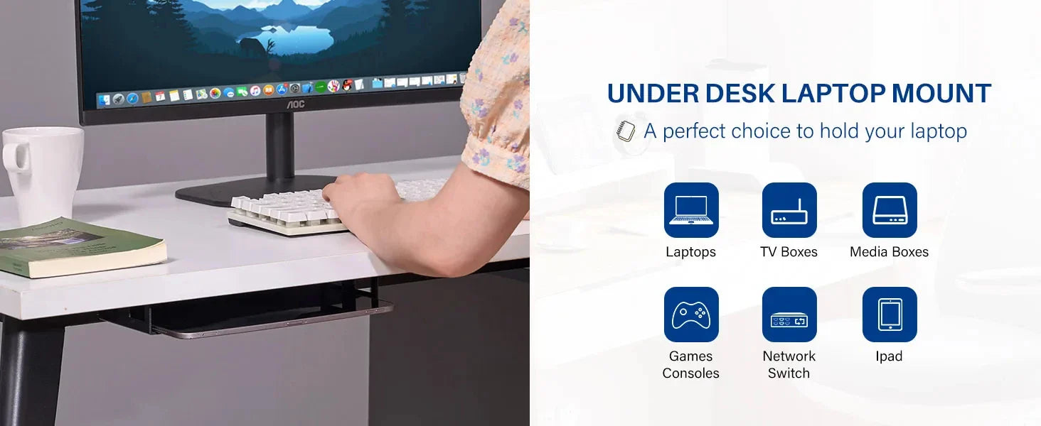 Under Desk Laptop Mount Metal Under Desk Shelf Holder for Laptop for Mac Mini Macbook Keyboard with Anti-Scratch Silicone Rack