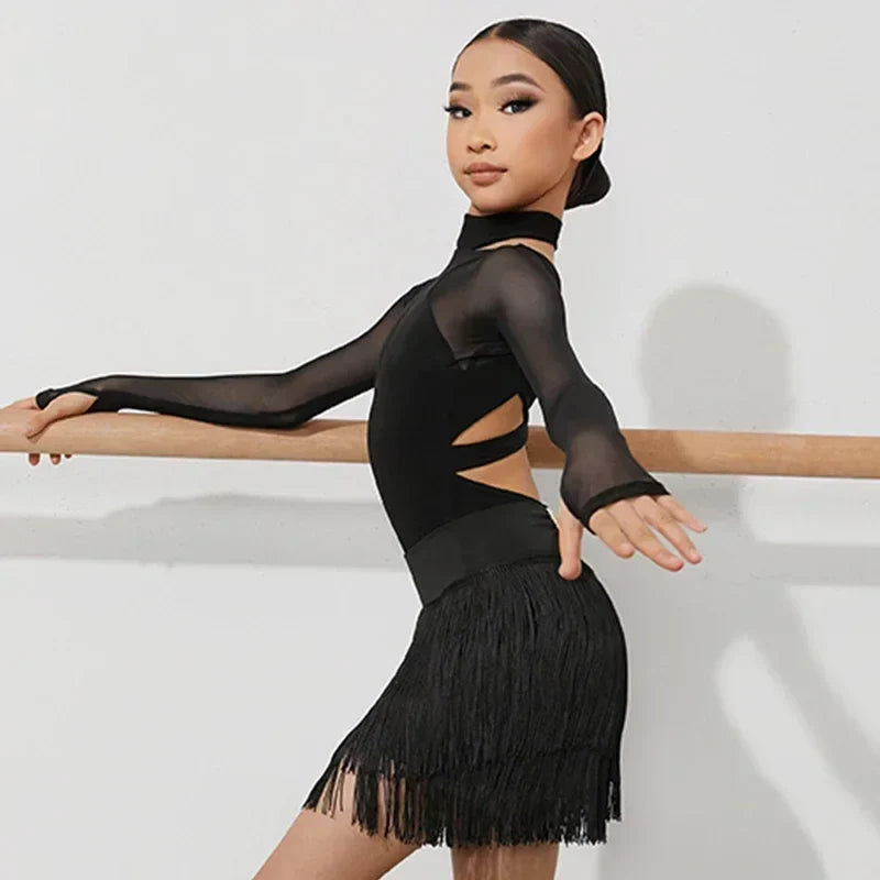 Black Latin Dance Clothing Jumpsuit Girls Long Sleeves Leotard Latin Tops Ballroom Dance Performance Wear Cha Cha Bodysuit Child