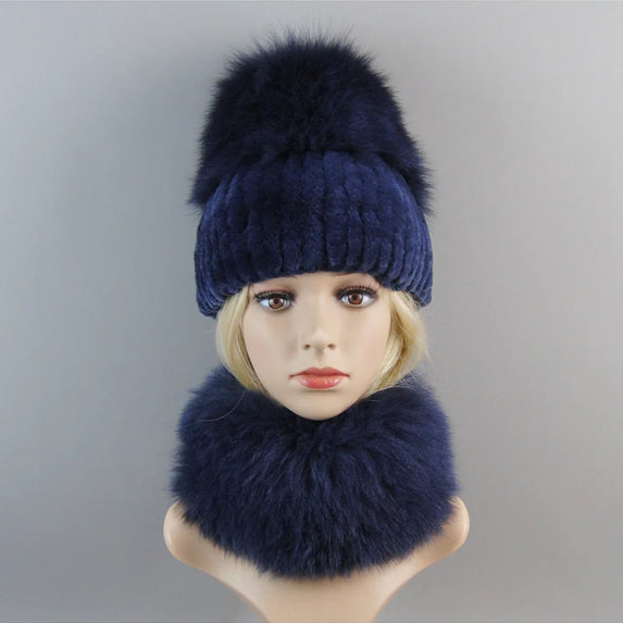 Luxury Women Winter Luxury Real Rex Rabbit Fur Hat Scarf 2 Pieces Knitted Rex Rabbit Fur Hat Top Natural Fox Fur Cap Scarves Set