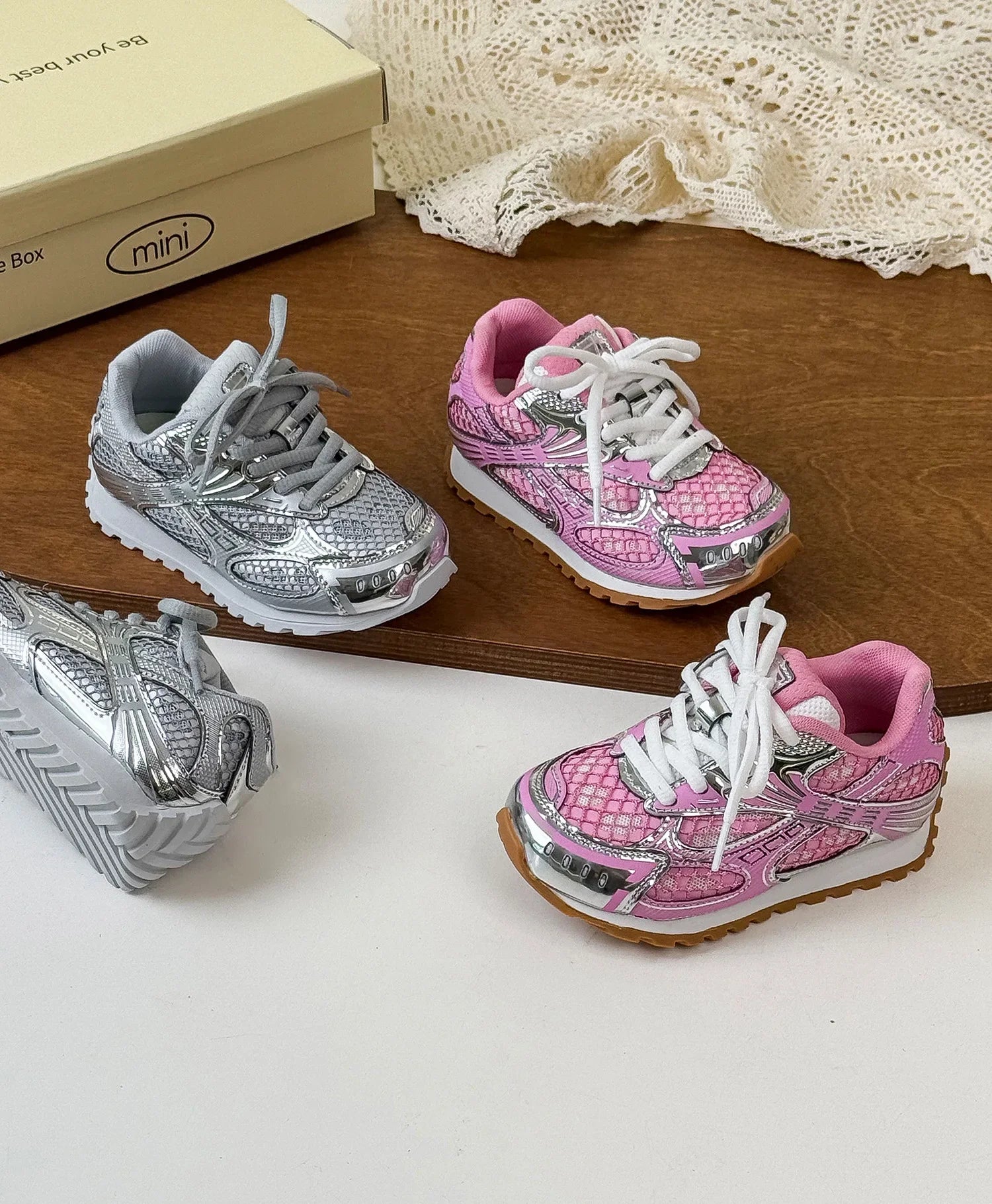 2025 Spring Toddler Kid Breathable Orbit Metallic Rubber Mesh Sneaker Children Casual Fashion Shoe Boy Girl Sports Walking Shoes