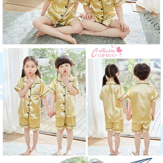 Summer Short Sleeve Satin Pajamas Silk Fabric Girls Sleepwear Boys Nightwear Solid Children's Pajama Sets Pyjamas Boy Baby Wear