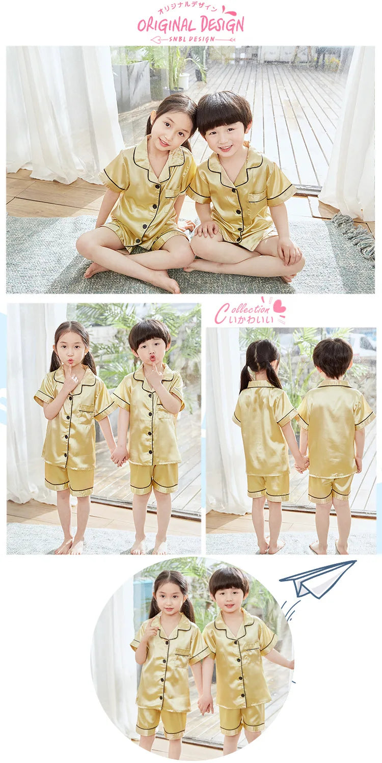 Summer Short Sleeve Satin Pajamas Silk Fabric Girls Sleepwear Boys Nightwear Solid Children's Pajama Sets Pyjamas Boy Baby Wear