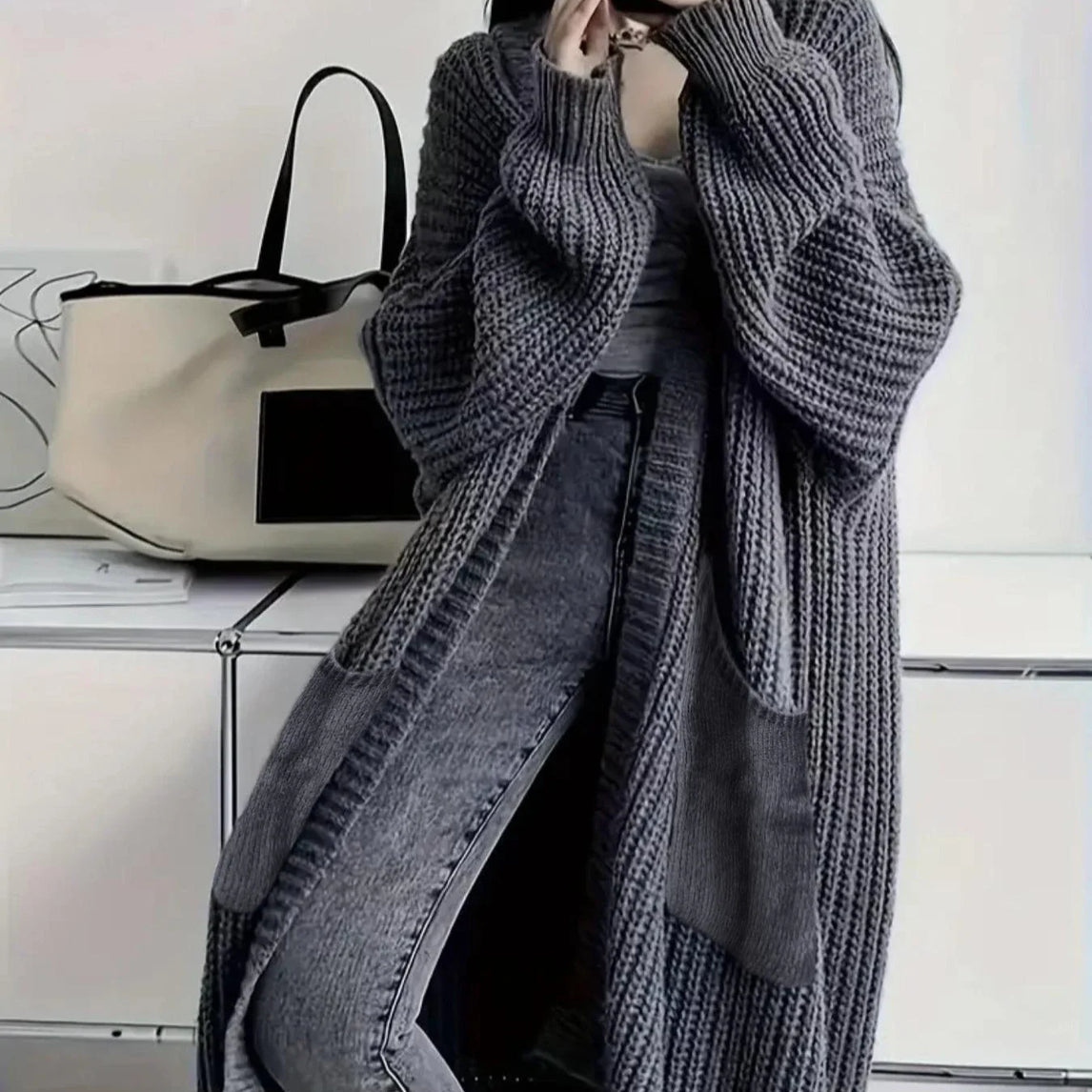 Women's Solid Open Front Knit Cardigan with Pockets - Casual Long Sleeve Sweater for Comfortable Layering