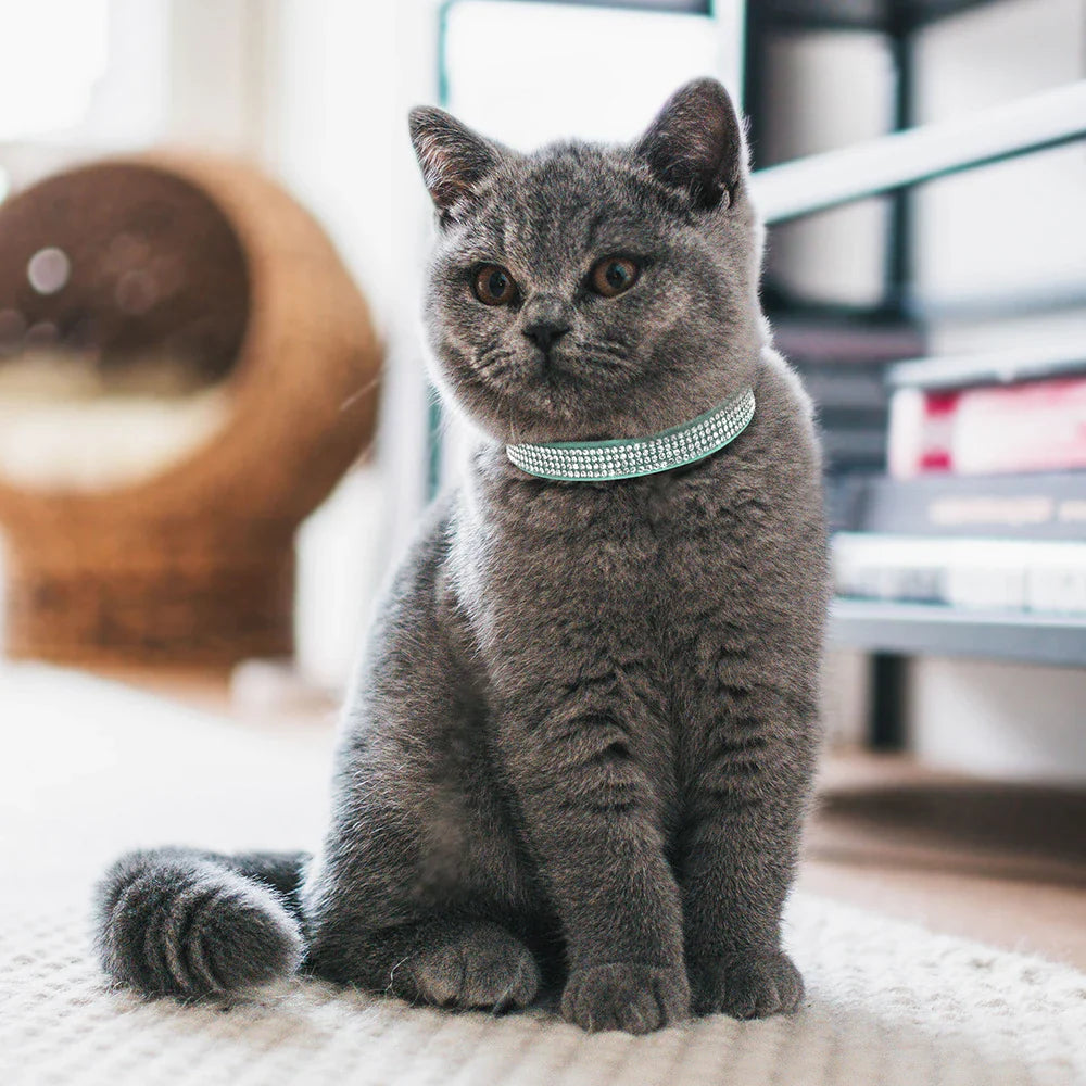 Suede Leather Cat Collar Bling Rhinestone Cats Collars with Bell Safety Breakaway Pet Puppy Necklace Adjustable XS S Pink Soft