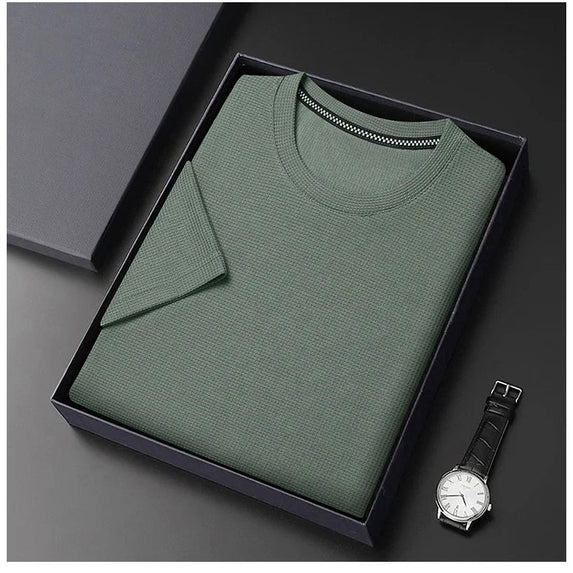 New Summer Waffle Round Neck Short Sleeved T-shirt for Men's Short Sleeved Top