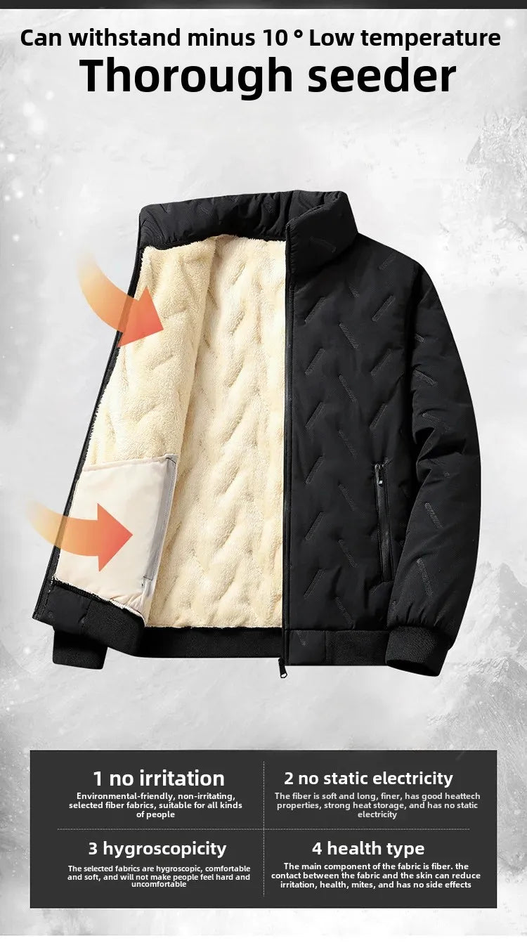 Men's Cotton Jacket Lamb Velvet Winter Loose Outerwear Fleece Lined Thick Warm Windproof Stand Collar Casual Jacket