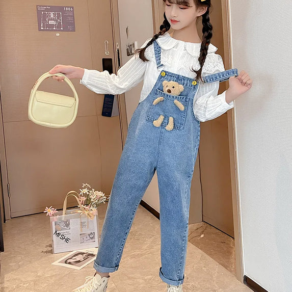 2024 Spring Autumn Children Denim Bib Jumpsuit Pockets with Bear Kids Overalls Jeans for Girls Teenage Girls Suspender Trousers