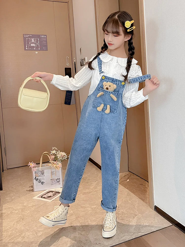 2024 Spring Autumn Children Denim Bib Jumpsuit Pockets with Bear Kids Overalls Jeans for Girls Teenage Girls Suspender Trousers