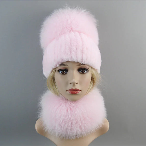 Luxury Women Winter Luxury Real Rex Rabbit Fur Hat Scarf 2 Pieces Knitted Rex Rabbit Fur Hat Top Natural Fox Fur Cap Scarves Set