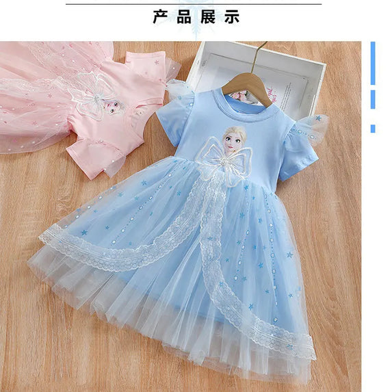 New Disney Girls Dress Short Sleeve Summer Princess Dresses Frozen Elsa Party Baby Dresses for Children Clothing Kids Clothes