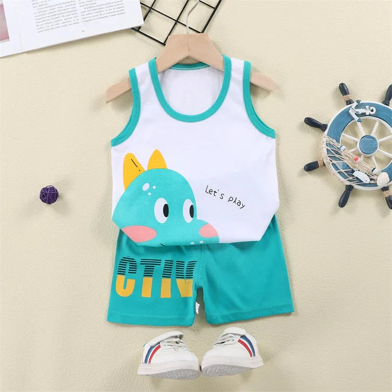 Cartoon Lion Pajamas Vest+Shorts 2-Piece Clothing Set Summer Kids Baby Boys Girls Cotton Casual Tracksuit Clothes Suit 1-6 Years