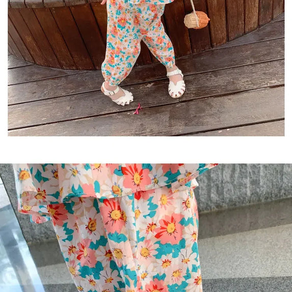 2024 Summer New baby Girls' Suits Cute Floral Vest And Anti-Mosquito Pants Children Clothing Sets Fashion Kids Outfit