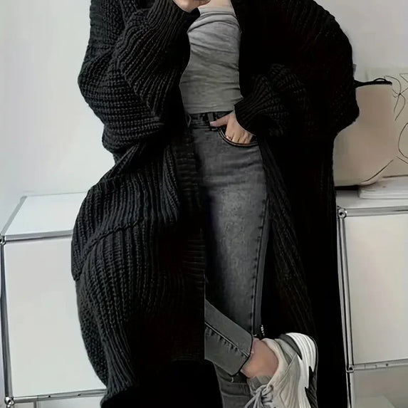 Women's Solid Open Front Knit Cardigan with Pockets - Casual Long Sleeve Sweater for Comfortable Layering