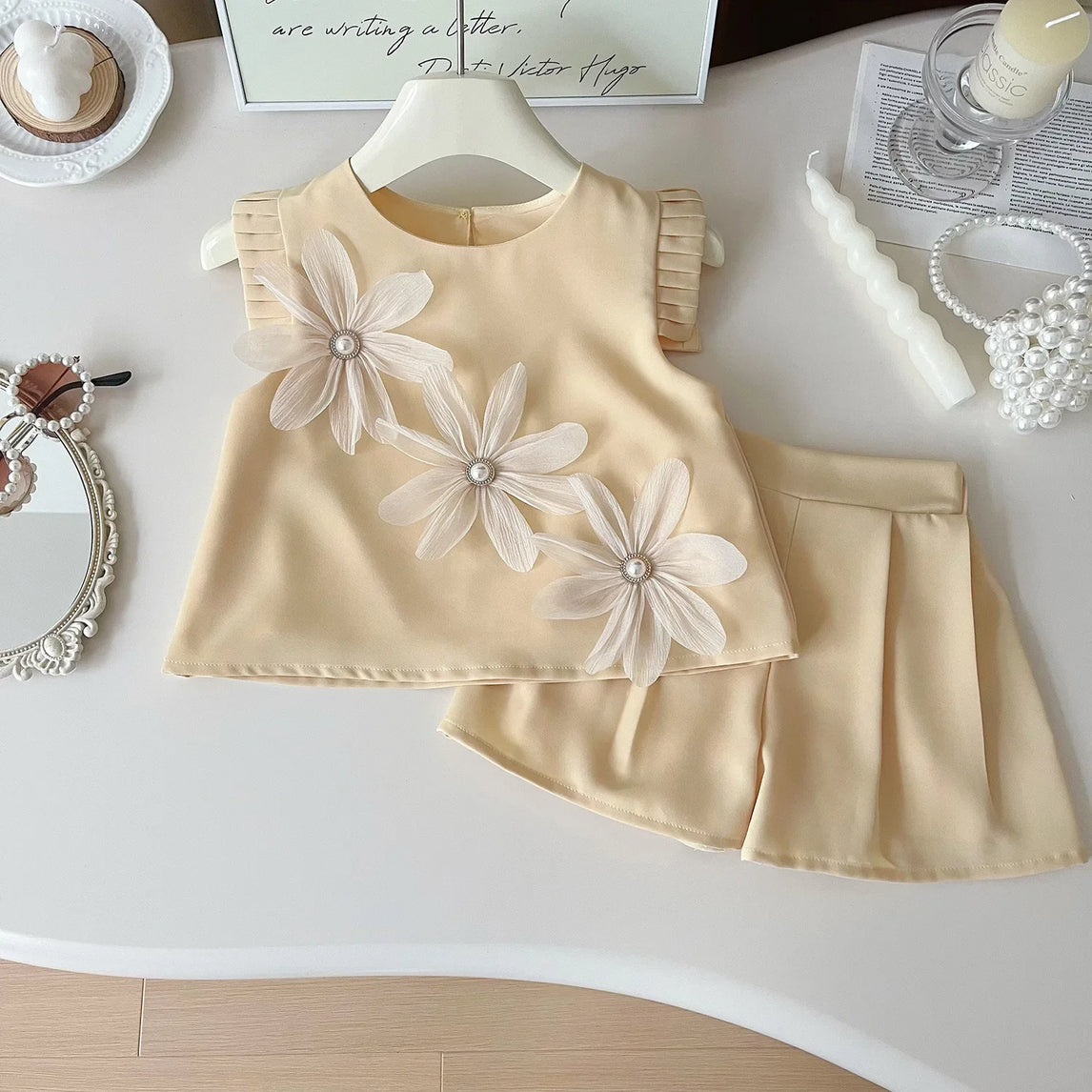 Children's Suit For Girls Summer Cute Three Flowers Short Sleeve Tshirt + Shorts 2 PC Sets Casual Outfit Baby Kids Clothing 