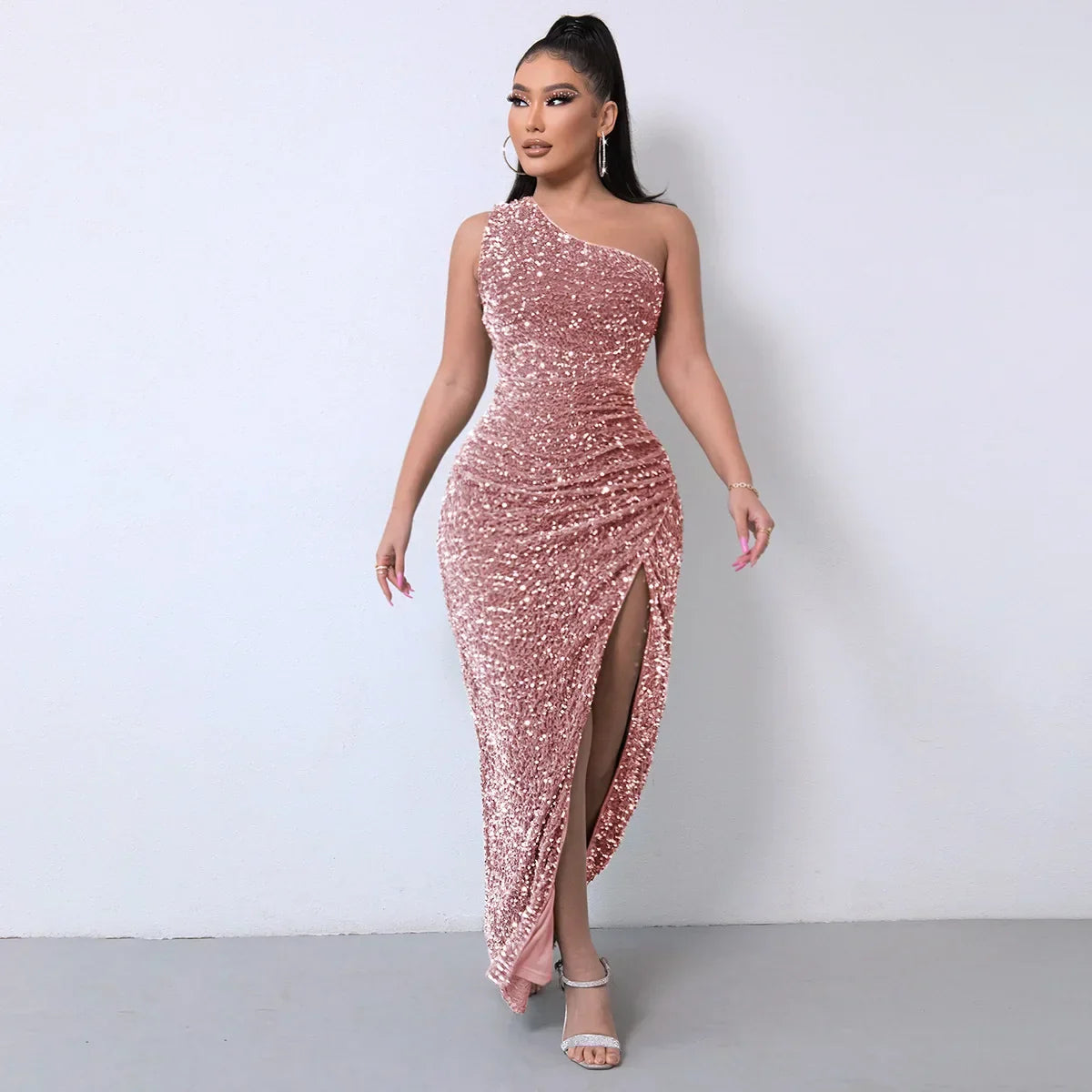 2023 Amazon Independent Station Fashionable Sleeveless Sequins Flannelette Single Shoulder Side Slit Evening Dress