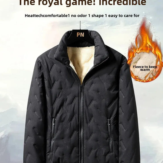 Men's Cotton Jacket Lamb Velvet Winter Loose Outerwear Fleece Lined Thick Warm Windproof Stand Collar Casual Jacket
