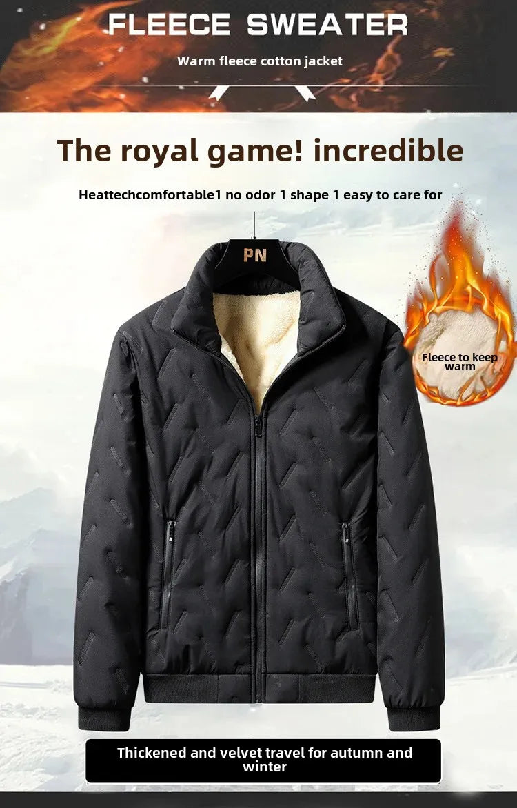 Men's Cotton Jacket Lamb Velvet Winter Loose Outerwear Fleece Lined Thick Warm Windproof Stand Collar Casual Jacket