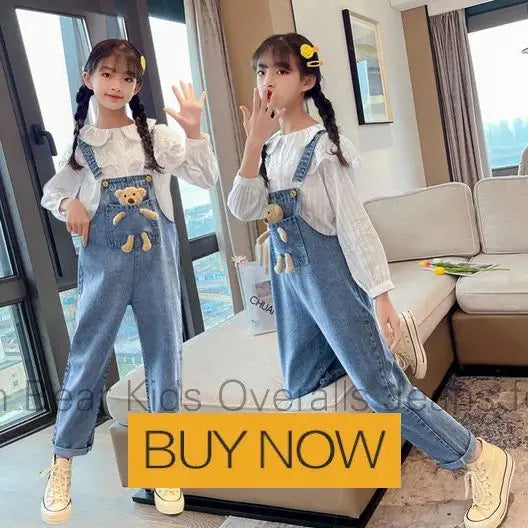 2024 Spring Autumn Children Denim Bib Jumpsuit Pockets with Bear Kids Overalls Jeans for Girls Teenage Girls Suspender Trousers