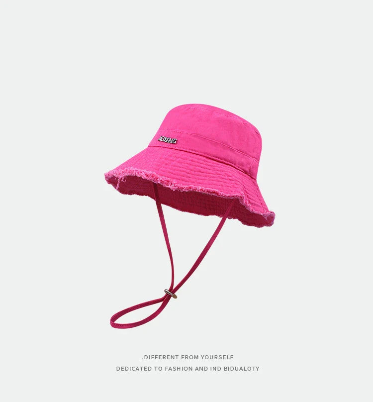 Summer Must Have Washed Cotton Fisherman Hat Wide Brim Raw Hem Drawstring Sun Protection Trendy Vacation Fashion Beach Holiday
