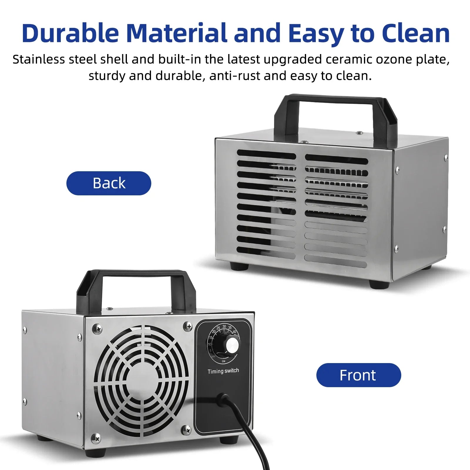 Portable Ozone Generator Stainless Steel Ozone Machine Odor Removal Ionizer Air Purifier Ozone for Home Car Pet 0-60min Timer
