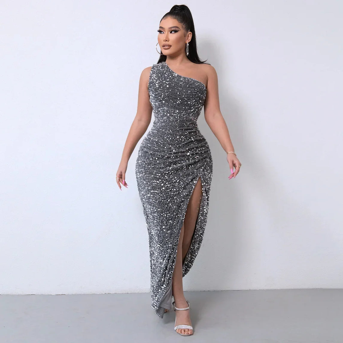 2023 Amazon Independent Station Fashionable Sleeveless Sequins Flannelette Single Shoulder Side Slit Evening Dress