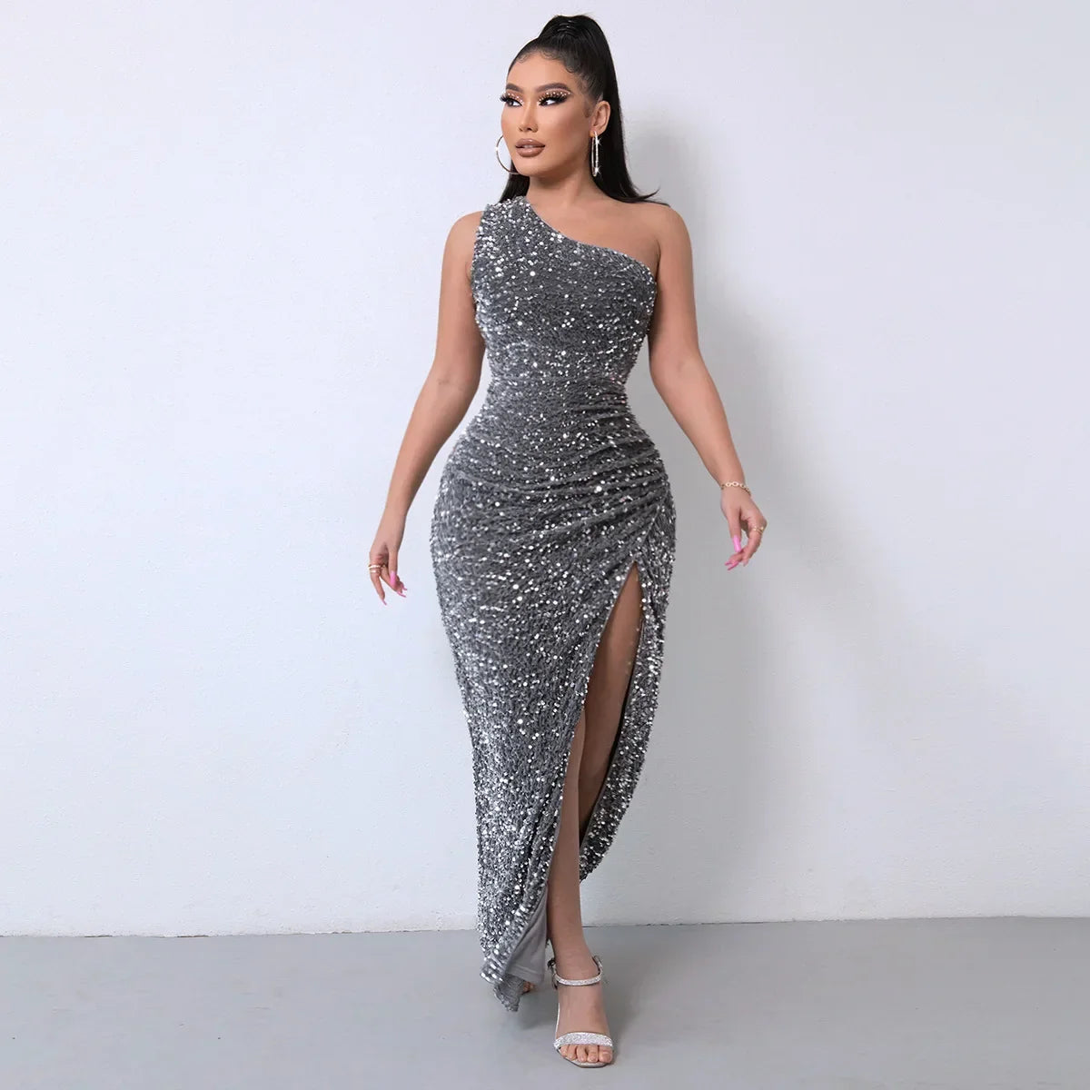 2023 Amazon Independent Station Fashionable Sleeveless Sequins Flannelette Single Shoulder Side Slit Evening Dress