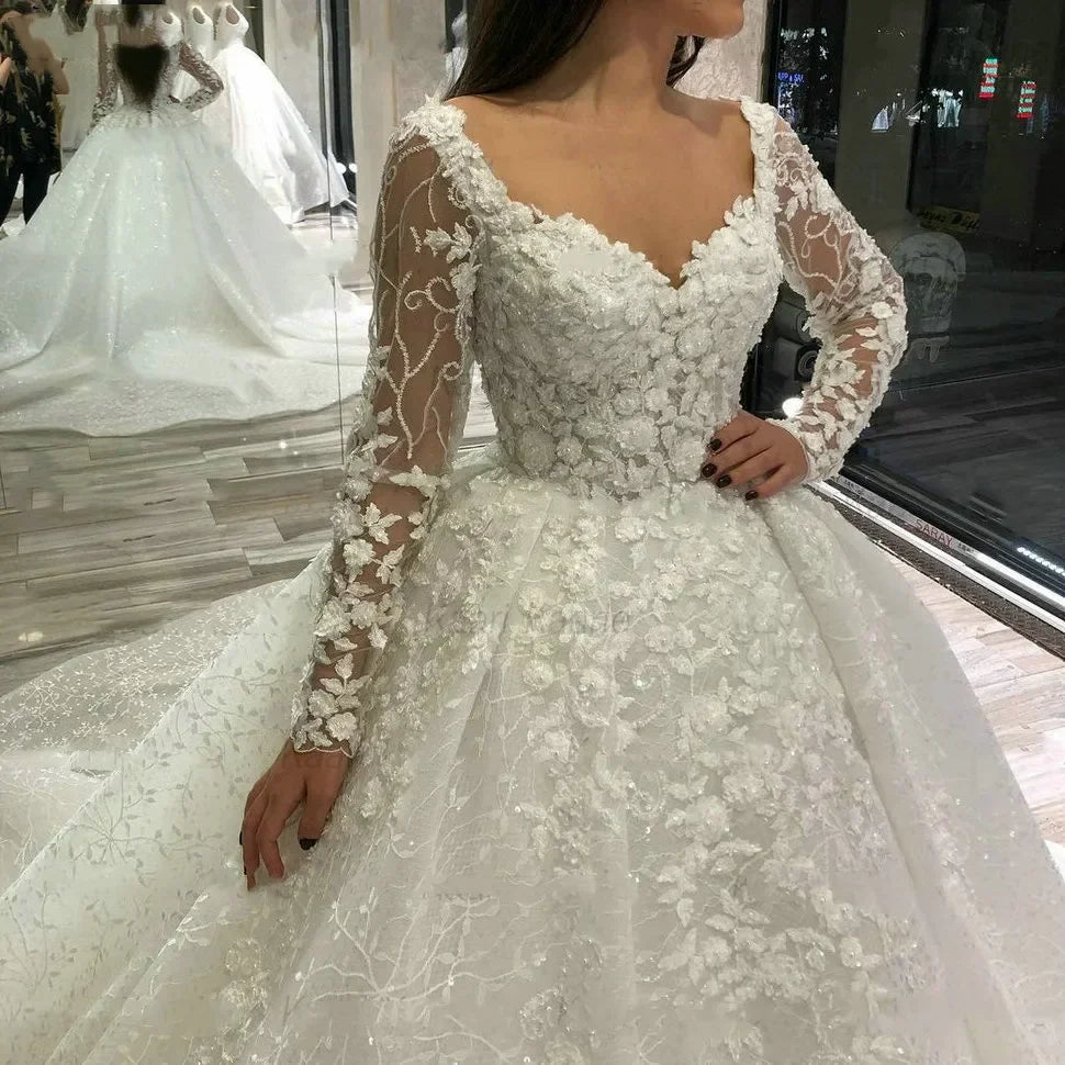 Flavinke Customized Luxury Lace Wedding Dresses 2025 Long Sleeves robe de mariage Beaded Appliqued Ball Gown Bridal Dresse