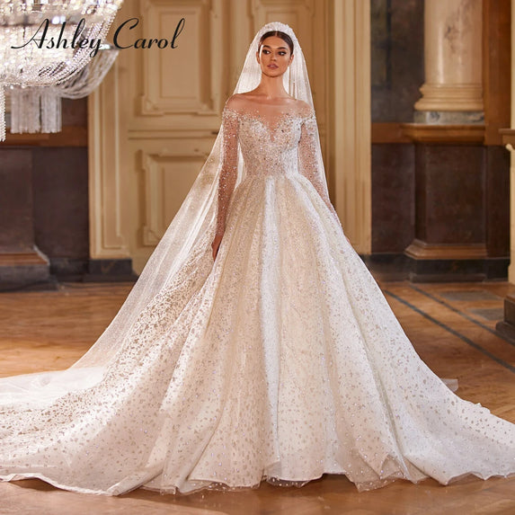 Ashley Carol Luxury Wedding Dresses For Women  Long Sleeve Princess Sparkling Beaded Bridal Dress Vestidos De Novia