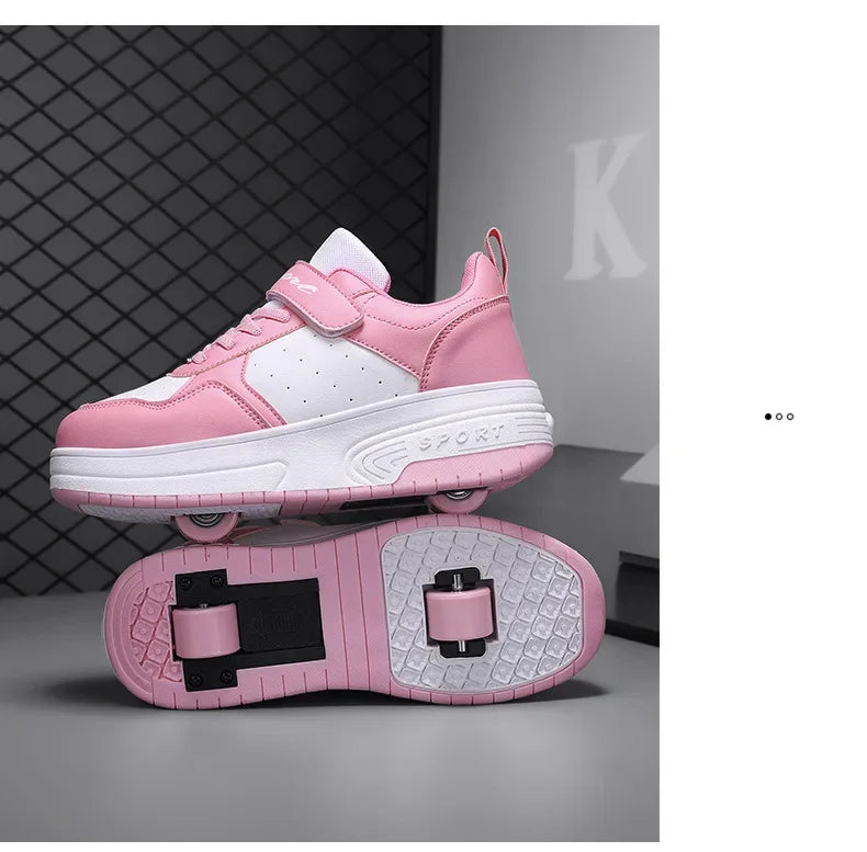 Magic Roller Skates Dual Wheel Slip-on Roller Skating Shoes 2024 New Spring Autumn Leather Surface Sports Shoes For Women Kids