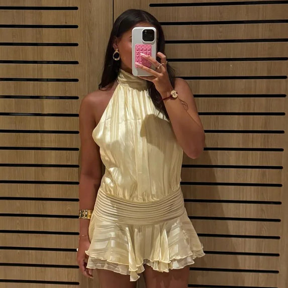 Summer Solid Scarf Collar Mini Dress Women's Elegant Sleeveless Ruffle Hem A-line Vestidos 2025 Female Chic Evening Party Gowns