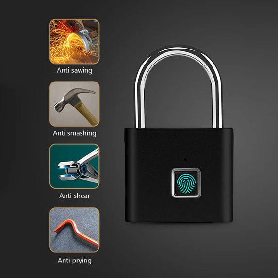 Smart Fingerprint Padlock Waterproof Zinc Alloy Biometric Padlocks With Buit-in Rechargeable Battery USB Charge