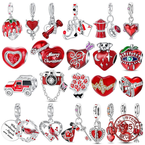 Red Color Series Charms Beads 925 Silver Blood Heart Love Car Strawberry Fruit Dangle Fit Original Bangle Bracelet DIY Jewelry