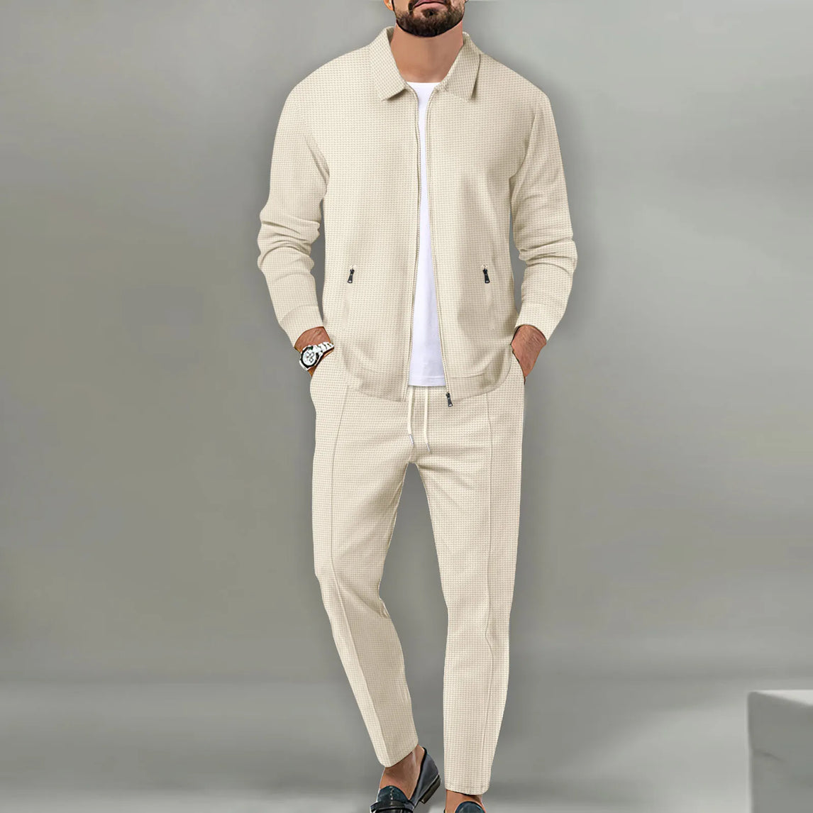 New Men's Jacket POLO Shirt 2 sets Long Sleeve Casual Fashion Commercial Breathable lapel, Pants pull Rope Solid Color Men 2 set