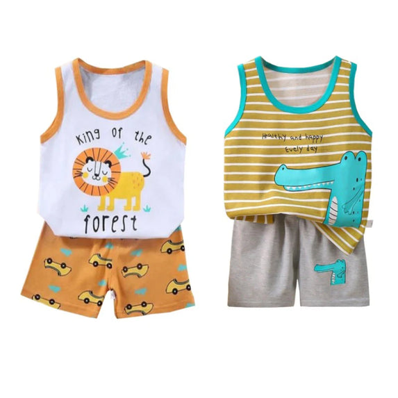 Cartoon Lion Pajamas Vest+Shorts 2-Piece Clothing Set Summer Kids Baby Boys Girls Cotton Casual Tracksuit Clothes Suit 1-6 Years