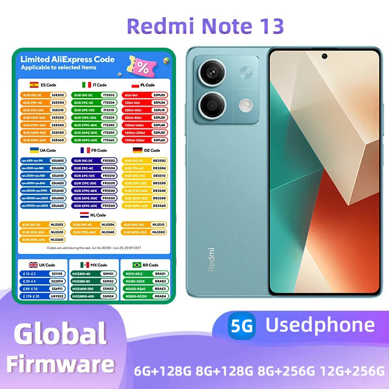 Redmi Note 13 5G Android 6GB ROM 128GB MediaTek Dimensity 6080 140Hz 64MP 5000mAh used phone