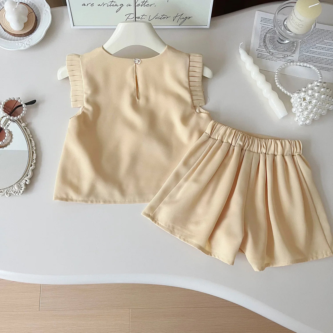 Children's Suit For Girls Summer Cute Three Flowers Short Sleeve Tshirt + Shorts 2 PC Sets Casual Outfit Baby Kids Clothing ﻿