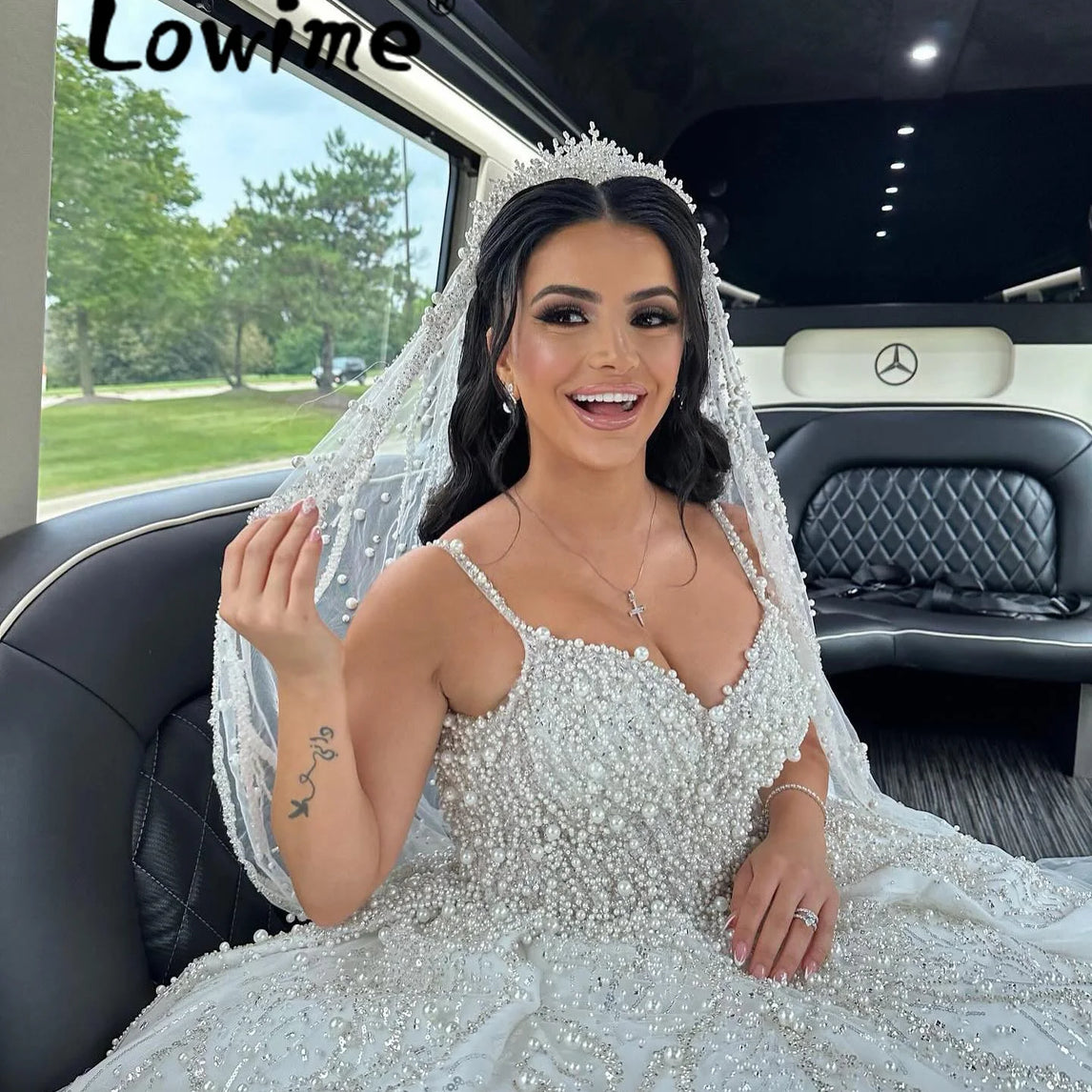 ﻿ Full Pearl White Wedding Dress Glitter Sequined Spaghetti Straps A Line Bridal Gowns Long Arabic Wedding Gowns Bride Dresses