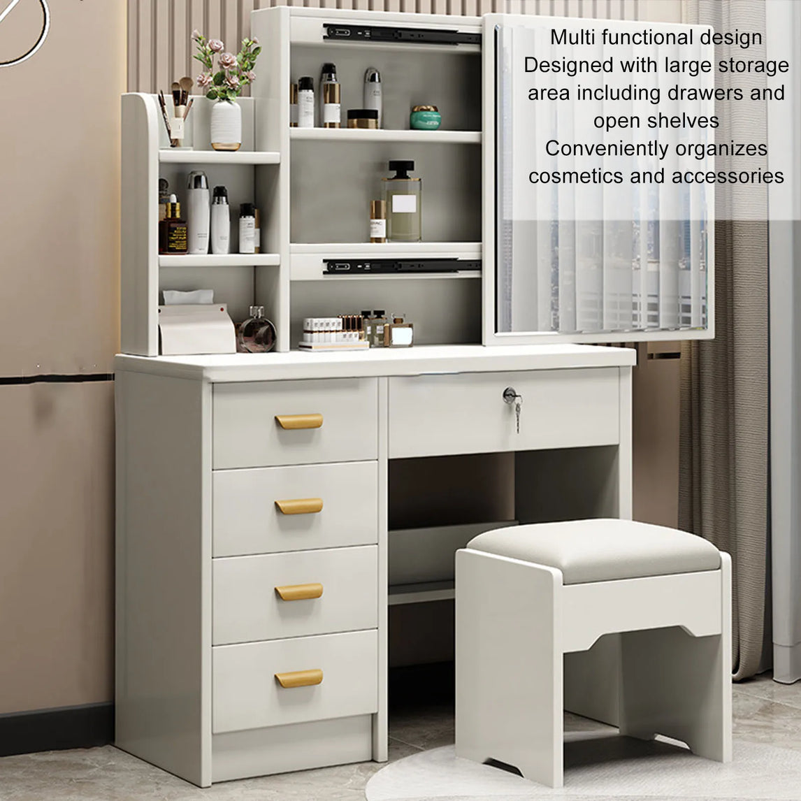 Vanity Table Dressing Table Modern Multi Functional Lighted Mirror Vanity Desk with Drawers Shelves Padded Stool for Bedroom