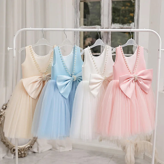 Backless Cute Kid's Princess Dress Sleeveless Pearls Elegant Girls Birthday Party Dress Flower Girls Dress for Wedding Tutu Gown