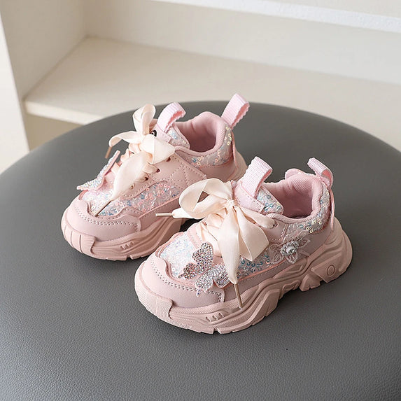 1-6Y New Girls' Sports Shoes Anti Slip Soft Sole Sequin Shinny Butterfly Cute Tennis Running Shoes Princess Shoes for Baby Girls