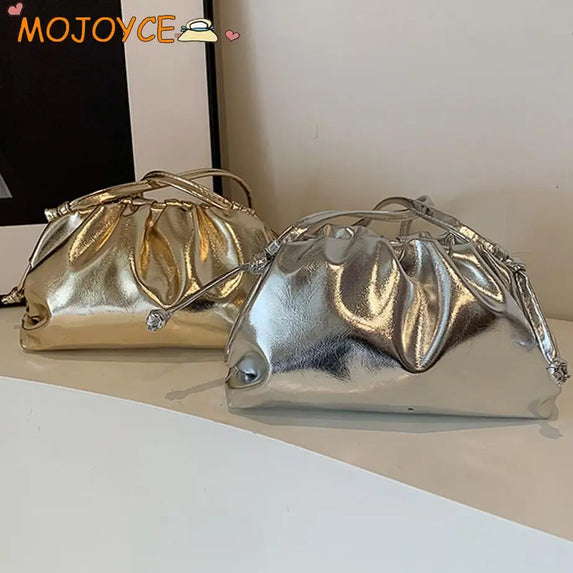 Small Luxury Design Women's Soft PU Leather Gold Silver Cloud Hobo Bag Elegant Dressy Handbag Ruched Dumpling Party Clutch Purse