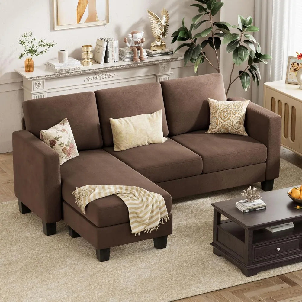 Convertible Sectional Sofa , 3 Seat L-Shaped with Linen Fabric Ottoman Small Couch for Small Apartments, Living Room and Office