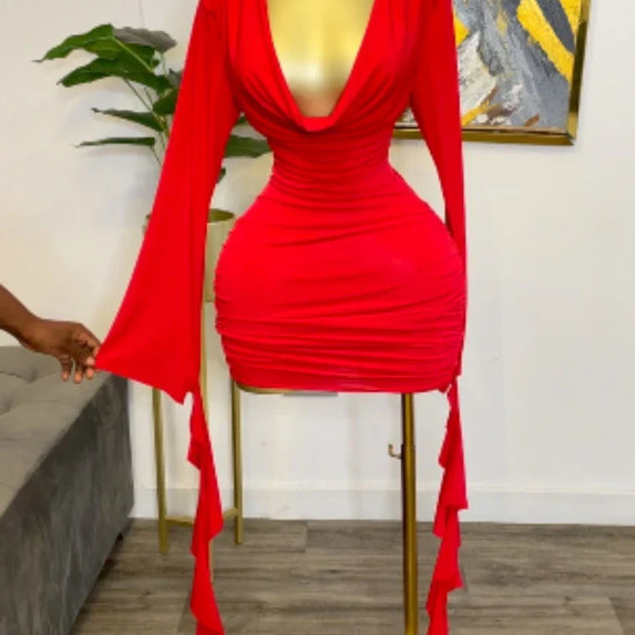 CM.YAYA Women Long Flare Sleeve Pile Collar Ruched Mini Dress 2025 Vacation Evening Sexy Beach Party Birthday Street Dresses