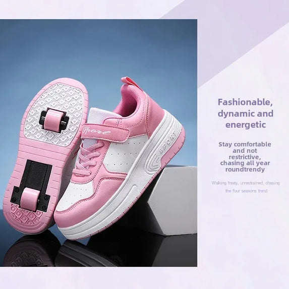 Magic Roller Skates Dual Wheel Slip-on Roller Skating Shoes 2024 New Spring Autumn Leather Surface Sports Shoes For Women Kids