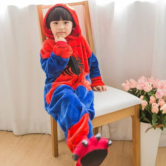 Children's Spider-Man one-piece pajamas spring, autumn and winter boys and girls long-sleeved cartoon coral velvet homewear
