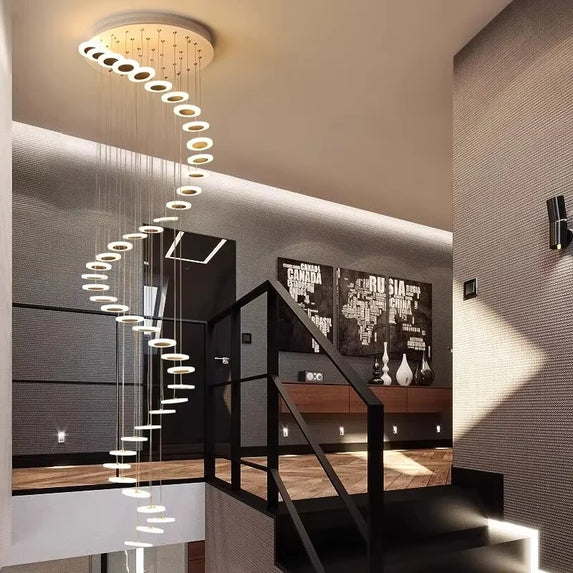 Luxury Staircase Crystal LED Chandelier For Living Room Lobby Large Modern Ring Cristal Hanging Lighting Chrome Long Indoor Lamp