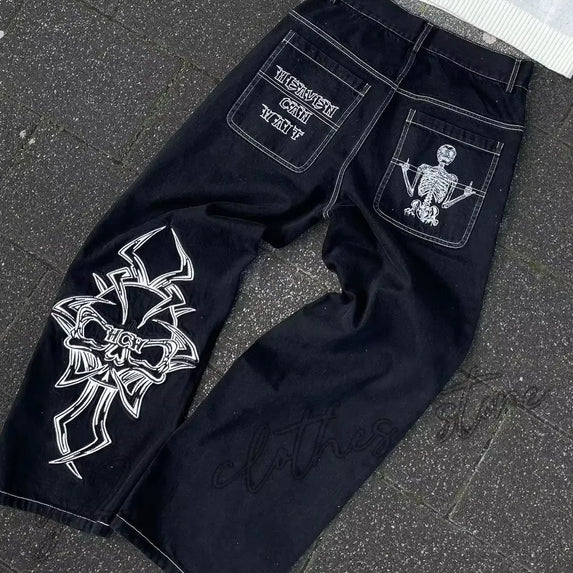 Street Fashion Trend Skull Embroidered Jeans Women Harajuku Y2K New Hip Hop Joker Straight Wide-leg Pants Couple Casual Jeans