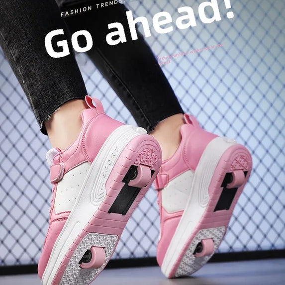 Magic Roller Skates Dual Wheel Slip-on Roller Skating Shoes 2024 New Spring Autumn Leather Surface Sports Shoes For Women Kids