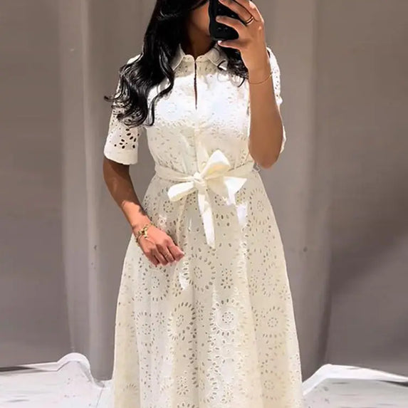 Elegant Embroidered Lapel Hollow Dress Women Fashionable Short Sleeve Belt High Waist Maxi Dresses Female Summer Chic Casual